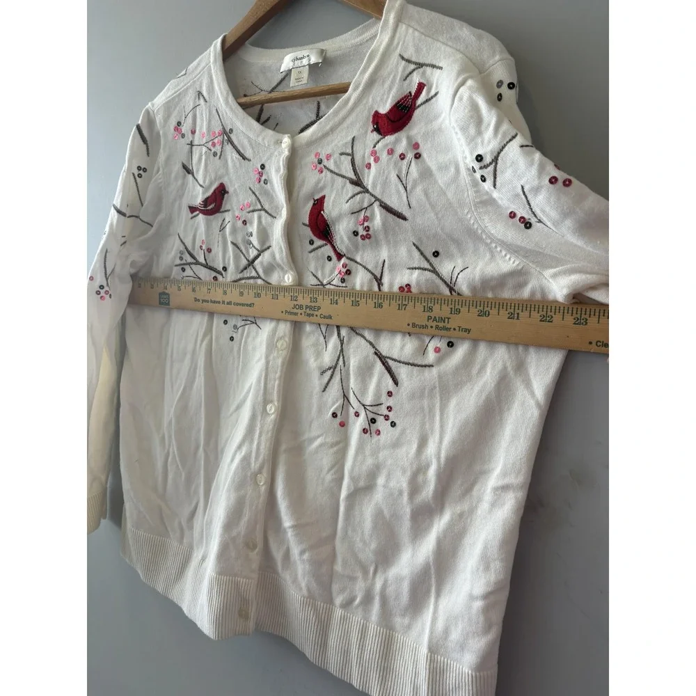 CJ Banks Cardigan Sweater Womens 1X White Cardinal Bird Embroidered Button Front